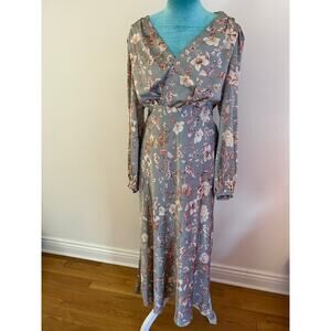 ASTR the Label Floral Satin Midi Dress Blue V-Neck Wedding Guest Balloon Sleeve